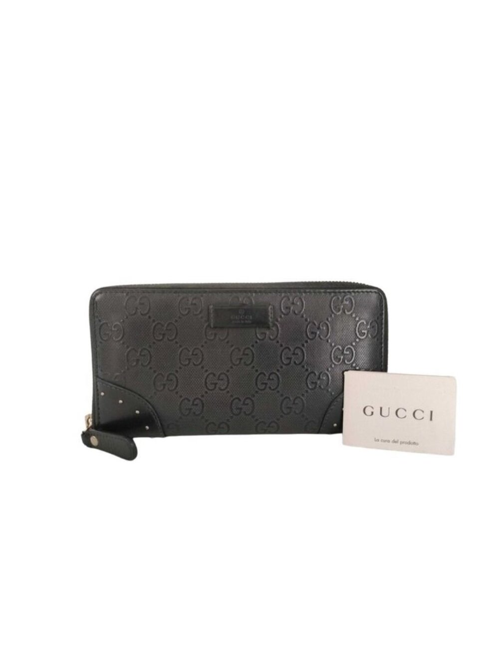 Gucci Wallet Diamante Black Leather GG Pattern Embossed Studs Zip Around Gold